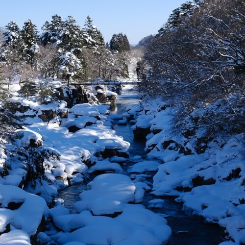 x-t4で撮影の冬の厳美渓の写真