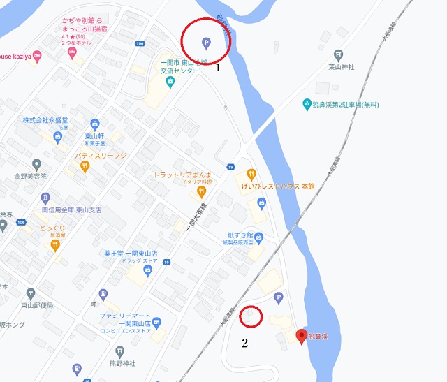 猊鼻渓の無料駐車場のマップ