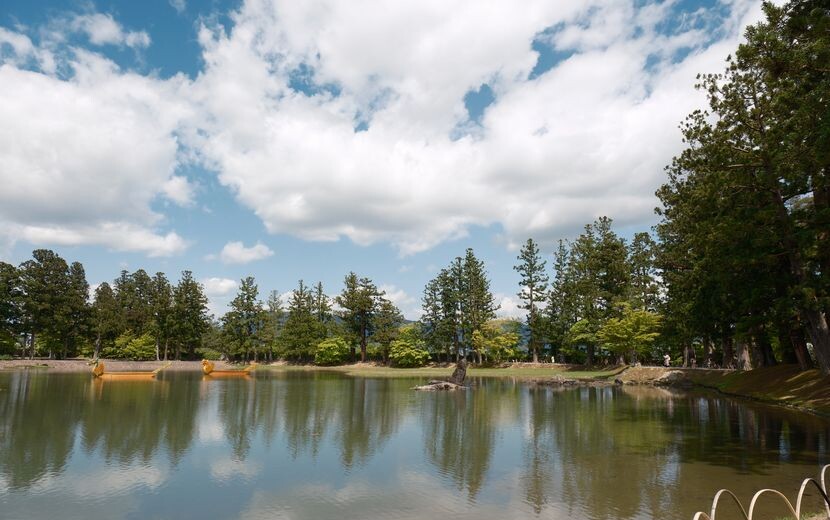 毛越寺の庭園：池の風景写真