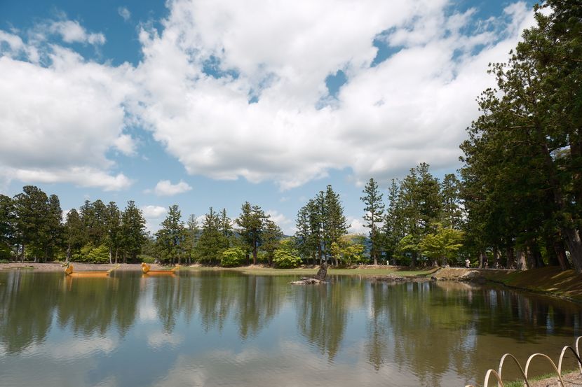 毛越寺の庭園：池の風景写真