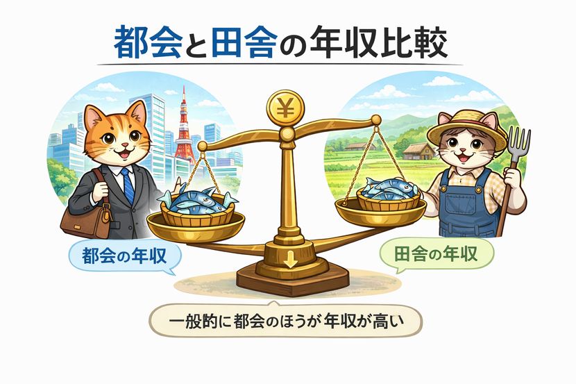 都会と田舎の年収比較｜ネコと魚で考える収入差