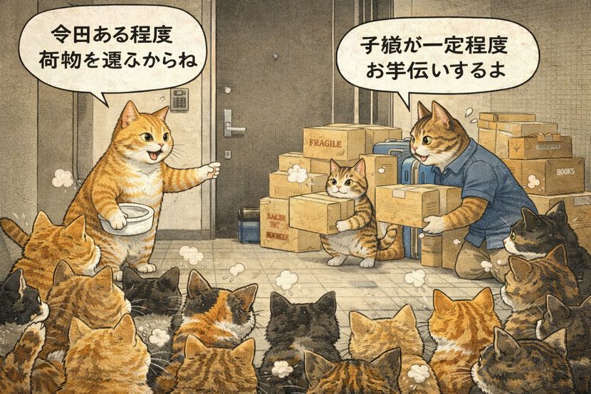 野次馬に囲まれるネコ一家の玄関