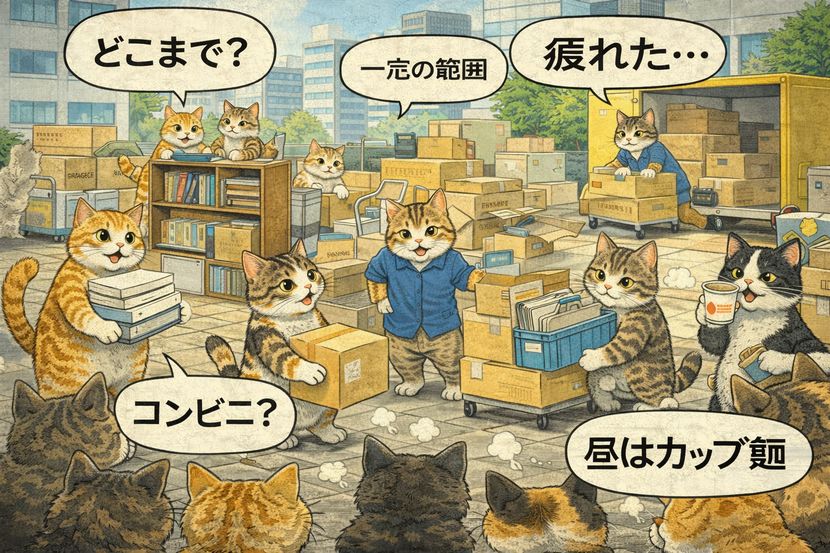 疲れたネコたちと昼はカップ麺