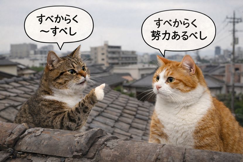 屋根の上で語られる「すべからく」──猫たちの静かな勘違い